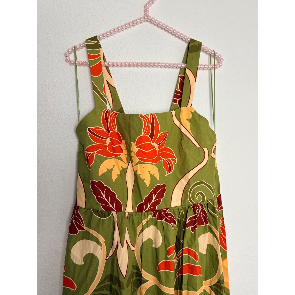 Zara Floral Midi Dress Medium Green Tropical Cotton V-Back Sleeveless New tie up - Picture 9 of 16